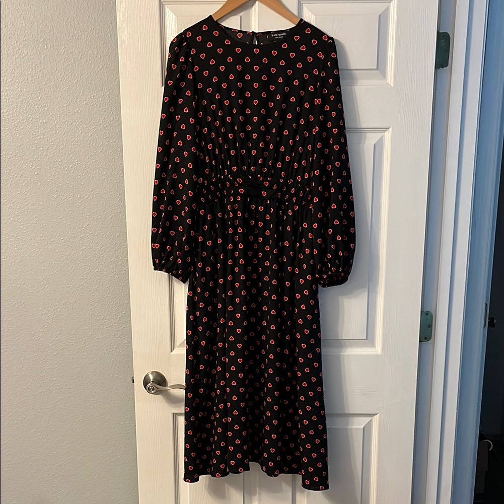 Kate Spade Black And Red Bishop Sleeve Heart Geo Dress